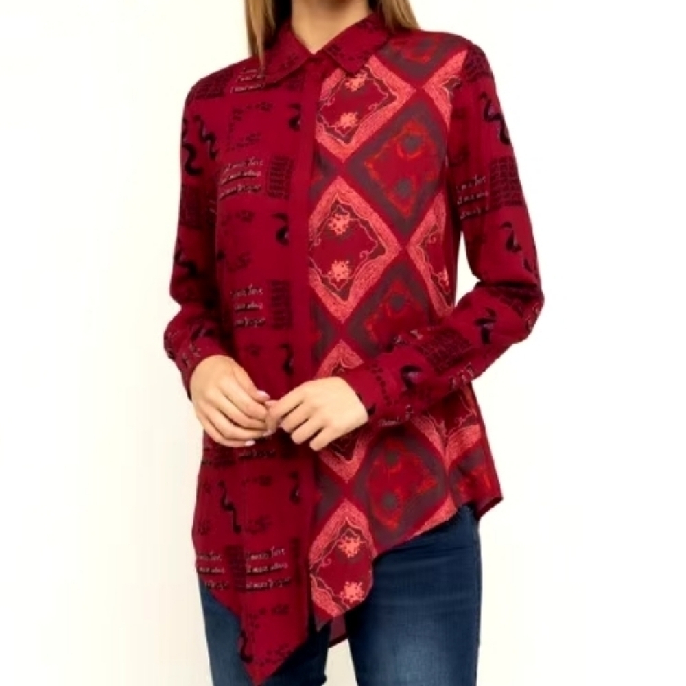Desigual Red More Love Geometric Button Down Shirt S